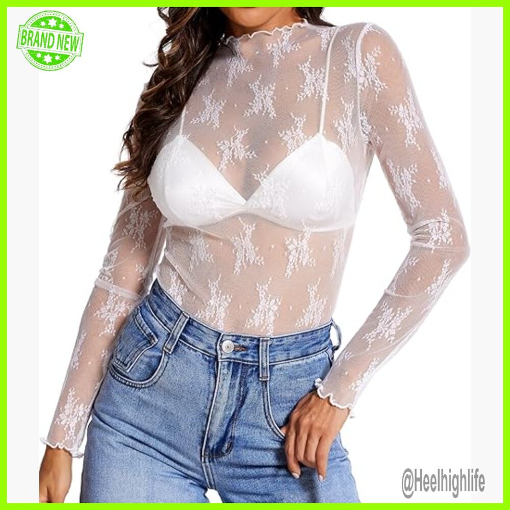 Sheer Mesh Long Sleeve Blouse Floral Embroidery Mock Neck Layering Top